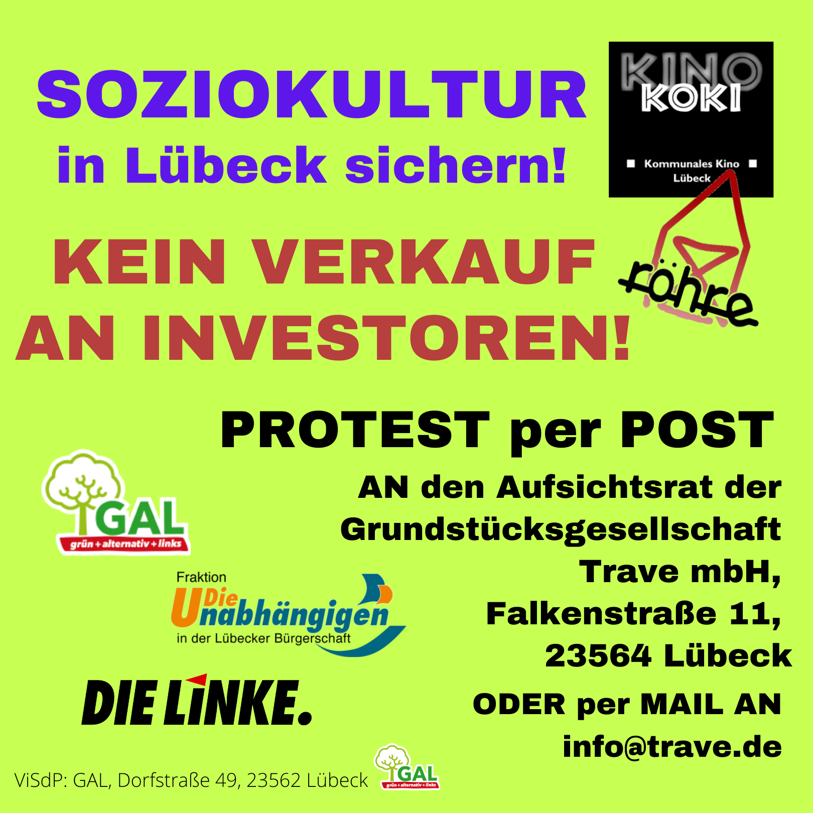 Protest per Post und Email gegen Verkauf der Gebäude Röhre, Koki und Jugendherberge