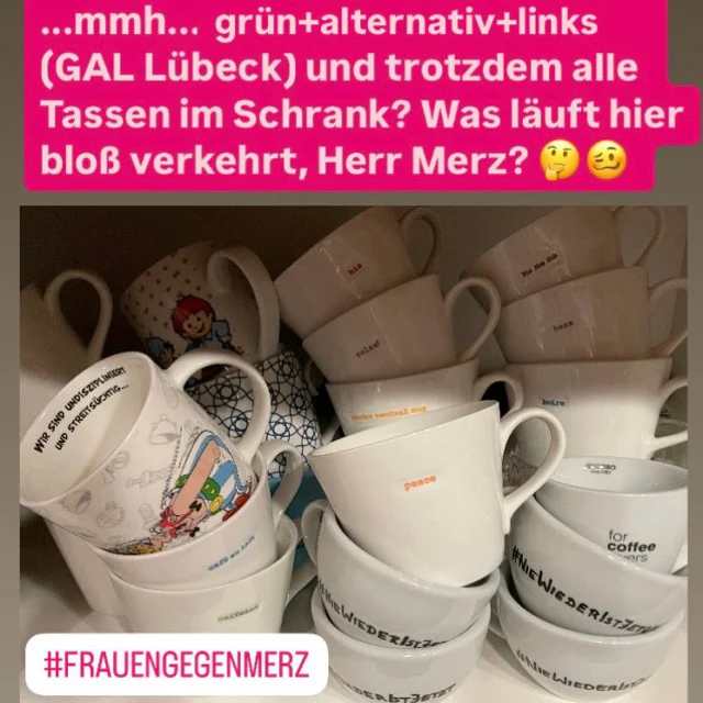 Fassungslos über den Ausraster von Friedrich Merz

Wir, die Wähler*innengemeinschaft GAL grün+alternativ+links in Lübeck, können die Aussagen von @merzcdu am 22.02.2025 nur mit Entsetzen zur Kenntnis nehmen. Unser Bürgerschaftsmitglied Juleka Schulte-Ostermann: „Entgegen der Behauptung von Herrn Merz habe ich immer noch alle Tassen im Schrank - was läuft hier nur verkehrt, Herr Merz? 🤔🥴.“

Doch worum geht es?

Am Vorabend der Bundestagswahl, 22.02.2025, zeigte Friedrich Merz, wie wenig ihm demokratischer Protest bedeutet. Seine Worte waren ein Ausbruch voller Spaltung und Ausgrenzung – wie will er mit dieser Einstellung Bundeskanzler für die gesamte Nation werden?

Besonders perfide: Merz fragte, wo „wir“ beim Mordfall Walter Lübcke (CDU) durch einen Rechtsradikalen gewesen seien. Doch die eigentliche Frage lautet: Wo war damals Friedrich Merz und die CDU?

Nach dem Mord an Walter Lübcke im Juni 2019 riefen linke und grüne Organisationen, darunter „Kassel gegen Rechts“, zu Protesten gegen Rechtsextremismus auf – unterstützt von den Grünen. Prominente Vertreter*innen nahmen teil und forderten entschlossenes Handeln gegen rechte Strukturen. Die CDU hingegen schwieg auffallend "laut" – und Merz blieb den Demonstrationen fern.

Und heute? Am 22.02.2025 kritisiert Friedrich Merz Demonstrationen gegen rechts und stellt deren Engagement infrage. Damit diskreditiert er den Protest für Demokratie, verharmlost rechten Terror und lenkt von der eigentlichen Gefahr ab.

🔗 Link zum Ausraster von Friedrich Merz: https://www.instagram.com/share/BBAciKCmCc oder auf YouTube unter dem Titel: "Merz beleidigt Millionen Menschen in Deutschland" von Marc Raschke 🔗
https://m.youtube.com/watch?v=Vj7d0UWPhoU&feature=youtu.be&si=VWLhInaGI47a2osb

@eltern_gegen_rechts @bodo.ramelow @julekaschulteostermann @dielinke  @dielinkehl @heidireichinnek @frauengegenmerz @katjamentz @ronald_thorn_official @gj_luebeck @die_gruenen #alletassenimschrank #niewiederistjetzt #niewiederfaschismus #gegenrechts