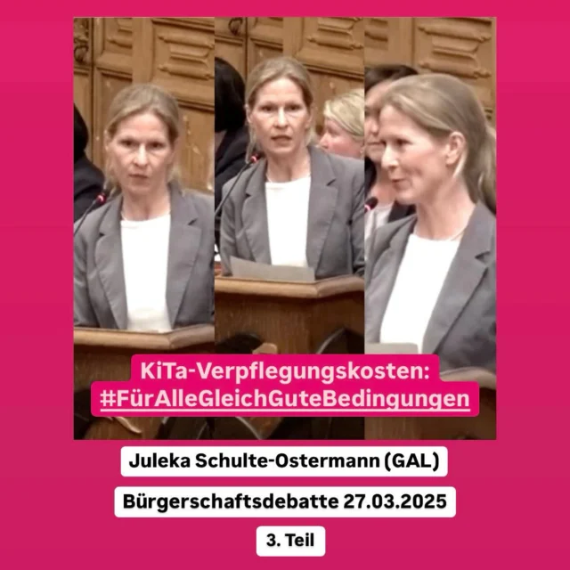 ❌🍽️ GAL kritisiert zusammen mit Fraktionspartnerin Die Linke: Ungerechtigkeit bei KiTa-Verpflegungskosten wird wiederbelebt 
🚫💸 Die Fraktion Linke & GAL hat in der Bürgerschaft am 27.03.2025 die neue KiTa-Entgeltsatzung abgelehnt – denn das Problem, das sie lösen sollte, löst sie nicht, schafft stattdessen neue Probleme.  
👩‍👧‍👦 „Auch wenn die neue Satzung eine verbesserte Sozialstaffel vorsieht, bedeutet sie für viele Familien mehr Bürokratie & höhere Kosten – vor allem bei Geschwisterkindern, da die Entlastung bei den Betreuungskosten den Wegfall der Verpflegungssubvention nicht ausgleicht“, erläutert Juleka Schulte-Ostermann, GAL-Bürgerschaftsmitglied. 

 📈Die Entgeltsatzung regelt für die KiTas aller Träger & die Eltern mit Kindern in der Kindertagespflege nur die reduzierten Betreuungskosten & Ermäßigungen – die Verpflegungskosten in den Kitas bleiben jedoch unberücksichtigt. In den städtischen Kitas bleibt die Entgeltordnung mit den zu begrüßenden niedrigen Verpflegungskosten von 52,25 € pro Monat bestehen, während Eltern in freien Kitas & der Kindertagespflege mit der neuen Satzung bis zu 100 € oder mehr zahlen müssen - das ist nicht fair. Alle KiTa-Eltern sollten gleich gute Kostenbedingungen haben - egal, wo ihr Kind betreut wird. 
⚖️„Wir haben gefragt, ob die Verwaltung davon ausgehe, die neue Satzung ersetze die städtische Entgeltordnung. In diesem Falle wären die Verpflegungskosten für die städtischen Kitas gänzlich ungeregelt - denn sie sind nur in der Entgeltordnung, nicht in der neuen Satzung geregelt. Eine kurzfristige Änderung der städtischen Entgeltordnung zur Lösung des Problems erscheint uns mehr als unrealistisch, da alle städtischen Kitas neu kalkuliert, die Kita-Beiräte, Kreis- &Stadtelternvertretung, der Jugendhilfeausschuss sowie die Bürgerschaft einbezogen werden müssten“, so Schulte-Ostermann. 

⚠️ Abschließend erklärt @julekaschulteostermann : „Diese neue Entgeltsatzung löst das Problem nicht, das sie lösen sollte, sondern schafft mehr #Bürokratie, belastet viele #Familien & gefährdet das Vertrauen in eine faire KiTa-Finanzierung bei den #Verpflegungskosten.“ 
#KiTa #KiTaKosten #linkeundgal @elternstimmeev