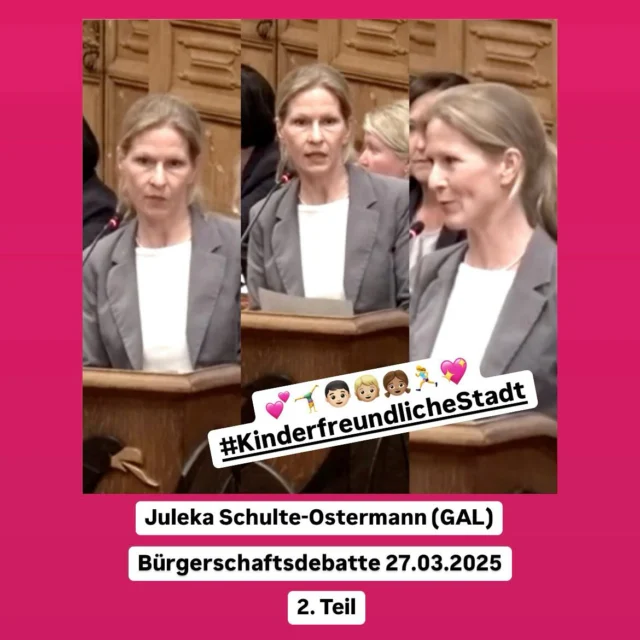 GAL für mehr Spiel- und Bewegungsräume in Lübeck: Ein Schritt nach vorn, aber noch viel zu tun.🏃‍♀️🧒

Juleka Schulte-Ostermann (GAL) hat am 27.03.2025 in der Bürgerschaft erneut für die Schaffung von mehr Spiel- & Bewegungsräumen für Kinder & Jugendliche in Lübeck plädiert. Ihr Anliegen: Kinder sollen im öffentlichen städtischen Raum Bewegungsmöglichkeiten im Alltag haben, um sich gesund zu entwickeln! 🌍💪

Die Idee zu diesem Antrag stammt von Volker Koß (GAL), der 2018 den Impuls gab, alltägliche Bewegungsmöglichkeiten für Kinder zu schaffen. Auf dieser Grundlage entwarf Juleka Schulte-Ostermann den Antrag für die GAL, der gemeinsam mit den Freien Wählern in die Bürgerschaft eingebracht und 2018 beschlossen wurde. Die Vision: Zentrale Plätze in der Innenstadt wie die Breite Straße, Schrangen, Hüxstraße und mehr mit einfachen Bewegungselementen wie Wipptieren, Trampolinen ] aufgemalten Hüpfspielen auszustatten.🚶‍♂️🤸‍♀️ 
Der nun vorliegende Verwaltungsbericht zeigt teils positive, aber auch enttäuschende Ergebnisse: 
🧗‍♂️ Ein Kletterelement auf dem Brolingplatz wurde installiert. 
🔜 Bei der Entwicklung der Wallhalbinsel werden Spiel- und Bewegungsflächen berücksichtigt. 
🥺Aber leider wurde ein Großteil der beantragten und 2018 beschlossenen Maßnahmen bislang nicht umgesetzt: 
❌ Zentrale Flächen der Innenstadt sind immer noch ohne Spielangebote.

🛹⌛️Die Prüfung einer Halfpipe für Jugendliche wurde noch nicht abgeschlossen.
 Trotz schwieriger Rahmenbedingungen für die Verwaltung wie Pandemie, Personal- & Planungsengpässe appelliert Juleka Schulte-Ostermann an die Verwaltung: Wenn die Bürgerschaft kurzfristig umsetzbare Maßnahmen beschließt, sollten diese zeitnah umgesetzt werden. Ein aufmalbares Hüpfspiel oder mobiles Spielgerät hätte aufgrund der Standortflexibilität längst realisiert werden können. Wenn Kinder nach 6 Jahren noch immer auf die beschlossenen Bewegungs- & Spieleinheiten warten, sind so einige der Kinder bereits Jugendliche oder volljährig. Was für Kinder zählt, ist das, was jetzt da ist und nicht, was irgendwann mal komme. 👦🏻🧒🏼👧🏽🏃‍♀️ 
#Kinder #KinderfreundlicheStadt #Inklusion #stadtgestaltung @julekaschulteostermann @elternstimmeev