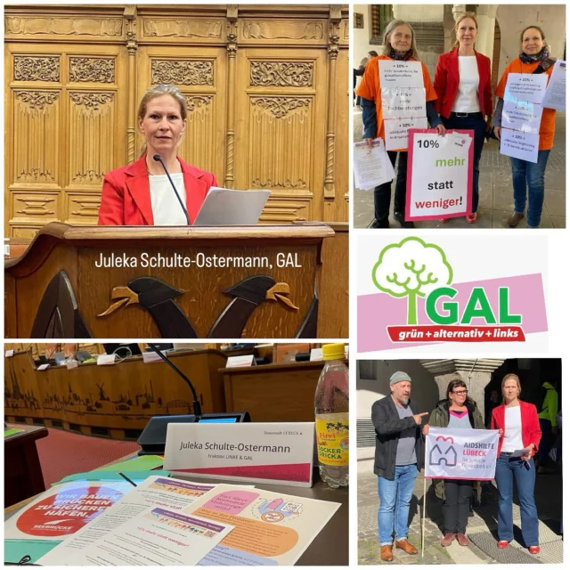25.09.2025, Bericht aus der Bürgerschaft: 

Von der Demo direkt in den Bürgerschaftssaal – Juleka Schulte-Ostermann setzte sich mit viel Engagement im Namen der GAL für mehr Schutz für Opfer häuslicher Gewalt, echte #Inklusion & #Bildungschancengerechtigkeit ein– unabhängig von Herkunft oder Förderbedarf.  
Die Sitzung begann mit einer starken Demo vor dem Rathaus: #Frauenhäuser, #Beratungsstellen, #Aidshilfe, #Stadtmütter, #Kindertagespflege & Co. protestierten gegen geplanten Kürzungen der Stadt. Danke an alle, die ihre unverzichtbare Arbeit sichtbar gemacht haben – ihr habt recht: Nicht 10 % weniger, sondern 10 % mehr! 
In der Bürgerschaft setzte Juleka klare Zeichen:

💕 Schutz vor häuslicher Gewalt: „Das eine tun, das andere nicht lassen“ – Wir brauchen JETZT ein 3. Frauenhaus in Lübeck. Strukturelle Veränderungen sind wichtig – aber Betroffene brauchen auch sofort Hilfe. 800 #Frauen & #Kinder werden jedes Jahr von Lübecks Frauenhäusern wegen Platzmangel abgewiesen – das ist nicht hinnehmbar. Unsere Forderung an die Grünen: Nutzt euren Einfluss in Kiel, sorgt für mehr Plätze und unterstützt endlich ein weiteres Frauenhaus. 
💕 Echte Inklusion: Eltern schicken ihre Kinder nicht freiwillig auf Förderschulen – ihnen fehlen Alternativen. Wir brauchen inklusive Regelschulen. Juleka forderte außerdem inklusive, barrierefreie Spielflächen für junge Menschen am Leuchtenfeld in Travemünde & kritisierte die Grünen scharf: 30 neue Parkplätze statt Flächen für Kinder &Jugendliche? Falsches Signal! Auch der seit über 10 Jahren geforderte #Skateplatz in Travemünde kam zur Sprache – eine Petition von engagierten Skatefreunden aus Travemünde ist in Planung.

💕 Kinder & #Familien stärken: Am Personal der Familienhilfe darf nicht gespart werden. Weniger Fachkräfte = mehr Risiko für Kinder. Investitionen in Prävention & Fachkräfte sind Pflicht, nicht Kür.

📢 Fazit: Für die GAL & ihre Fraktionspartnerin die Linke stand heute der Schutz von Betroffenen vor häuslicher Gewalt, die Bedarfe von #Kindern & #Jugendlichen an erster Stelle. Wir machen weiter Druck, damit Lübeck gerechter & inklusiver wird – und Fläche für Kinder und nicht für noch mehr Parkplätzen genutzt werden.