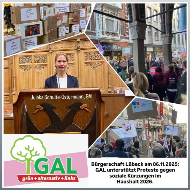 In der Bürgerschaft am 06.11.2025 haben wir uns als GAL für einen Haushalt 2026 eingesetzt, der soziale Sicherheit, gute Bildung und echten Klimaschutz in Lübeck stärkt.

Unsere Schwerpunkte: 
👶 Gute frühkindliche #Bildung sichern: Wir haben uns dafür eingesetzt, dass der Mietkostenzuschuss für #Kindertagespflege erhalten bleibt. Das schützt Betreuungsplätze, ermöglicht Wahlfreiheit für #Eltern & verhindert #Altersarmut bei Tagespflegepersonen – meist #Frauen. 
🌍 #Klimaschutz jetzt umsetzen statt verschieben: Wir wollten die Maßnahmen des Klimaschutz-Masterplans weiterführen – damit #Lübeck zukunftsfähig bleibt & alle Generationen profitieren. 
🏫 Gerechte #Bildungschancen für alle #Kinder: Schulsanierungen dürfen nicht verschoben werden. Auch Entscheidungen zu Raum- & Schulstandorten dürfen erst getroffen werden, wenn die zuständigen Fachbereiche der Verwaltung, die kommunalpolitischen Fachausschüsse sowie Eltern, Kinder & ihre Interessensvertretungen einbezogen wurden. #Bildungspolitik braucht transparente demokratische Beteiligung – nicht Entscheidungen über die Köpfe der Betroffenen hinweg. 
💬 Soziale Beratungsinstitutionen stärken: Wir haben uns dafür eingesetzt, dass Beratungsstellen erhalten bleiben & nicht gegeneinander auszuspielen. Wo der Bedarf wächst, darf nicht gekürzt werden. 
🌿 #Wakenitz schützen: Wir wollten eine Personalstelle für den Erhalt des Naturschutzgebiets Wakenitz – um Artenvielfalt & Lebensqualität zu sichern. 
🚶‍♀️ Finanzielle Verantwortung mit Sinn: Um die notwenigen Maßnahmen für Mensch, Umwelt & Klima trotz Haushaltsdefizit finanzieren zu können, haben wir u.a. vorgeschlagen, das defizitäre Parkhaus Godewind zu verkaufen & die Fläche in städtischer Hand über Erbpacht zu behalten.  
🚫 Warum wir den Haushalt 2026 am Ende nicht mittragen konnten: Die Mehrheit von CDU, Grünen & FDP streicht, verschiebt & schwächt genau die Angebote, die soziale Stabilität, Bildungschancengerechtigkeit & Klimaschutz sichern. Das müssen wir ablehnen. 
🌱 Wie geht’s weiter? Wir setzen unsere Arbeit fort: konstruktiv, verlässlich sowie mit klaren Prioritäten für #Mensch, #Umwelt & #Klima.